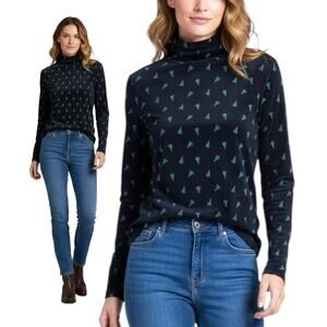 Cynthia Crowley Turtle Neck Navy Blue w/ Green Christmas‎ Trees Size XS-NWT